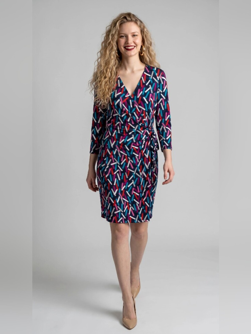 ANNE KLEIN Vivid Geo-Print Wrap Dress in Navy, Pink & Teal SIZE 8